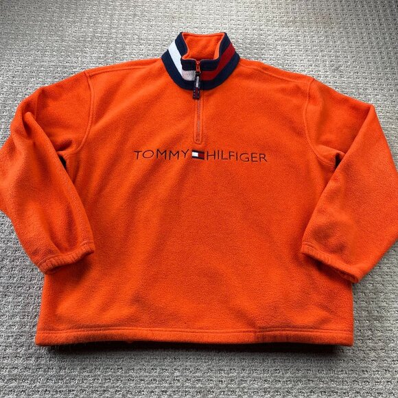 Tommy Hilfiger Fleece Sweater Pullover Men Large L Orange Box Logo Retro Preppy - Picture 1 of 8